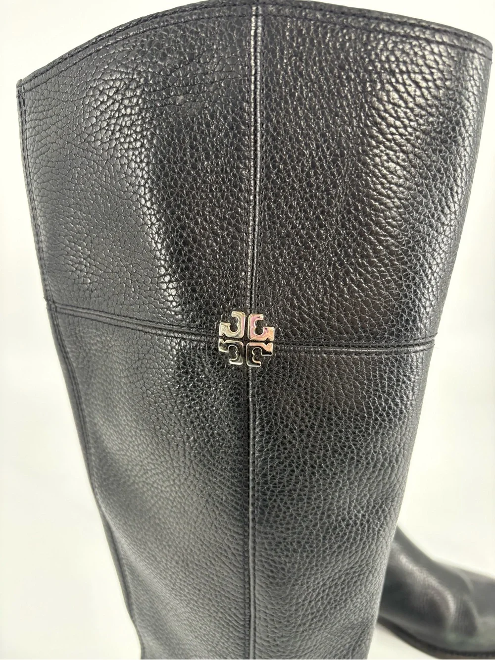 Tory Burch Black Pebbled Leather Knee Boots with Logo Emblem
